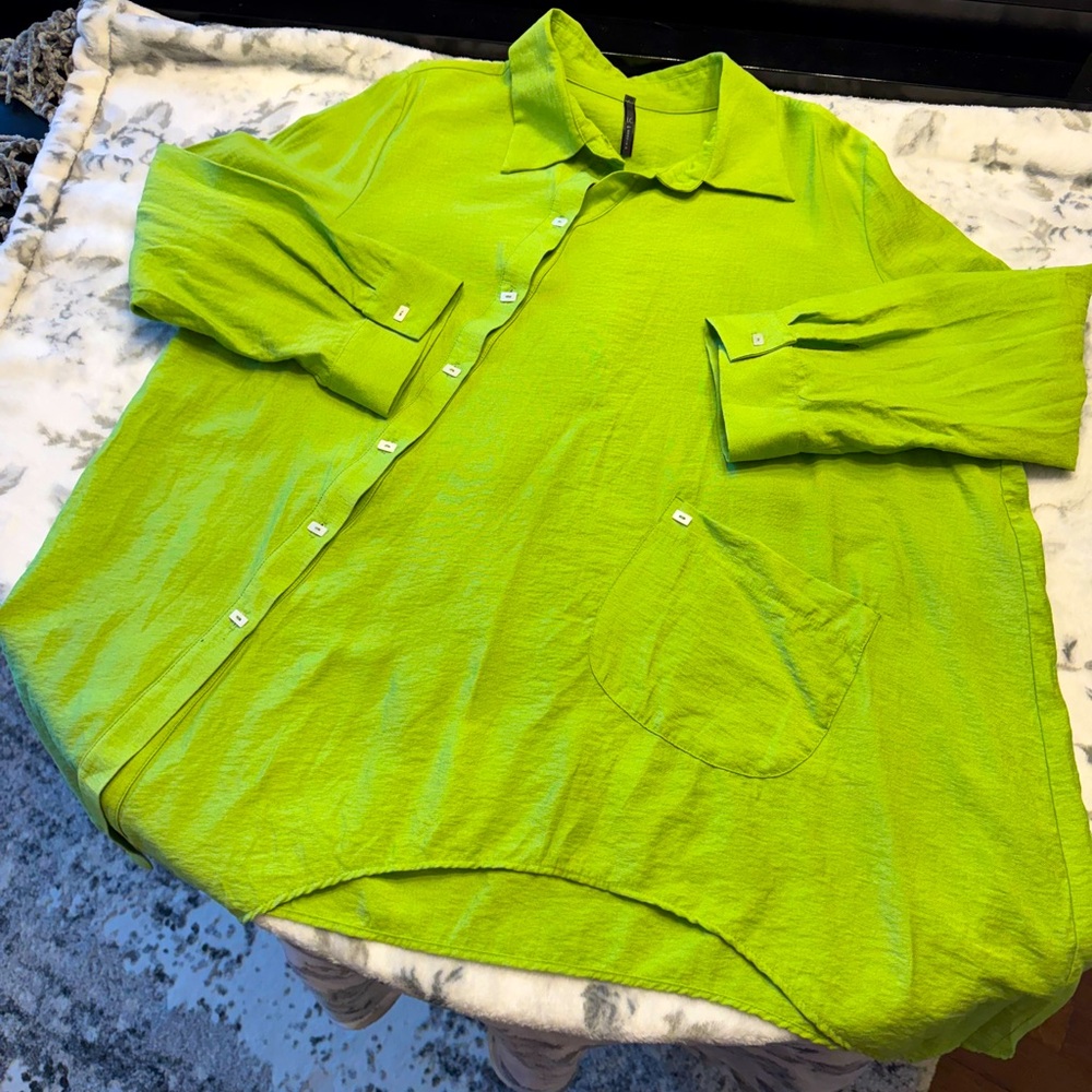 Asymmetrical lime green button down